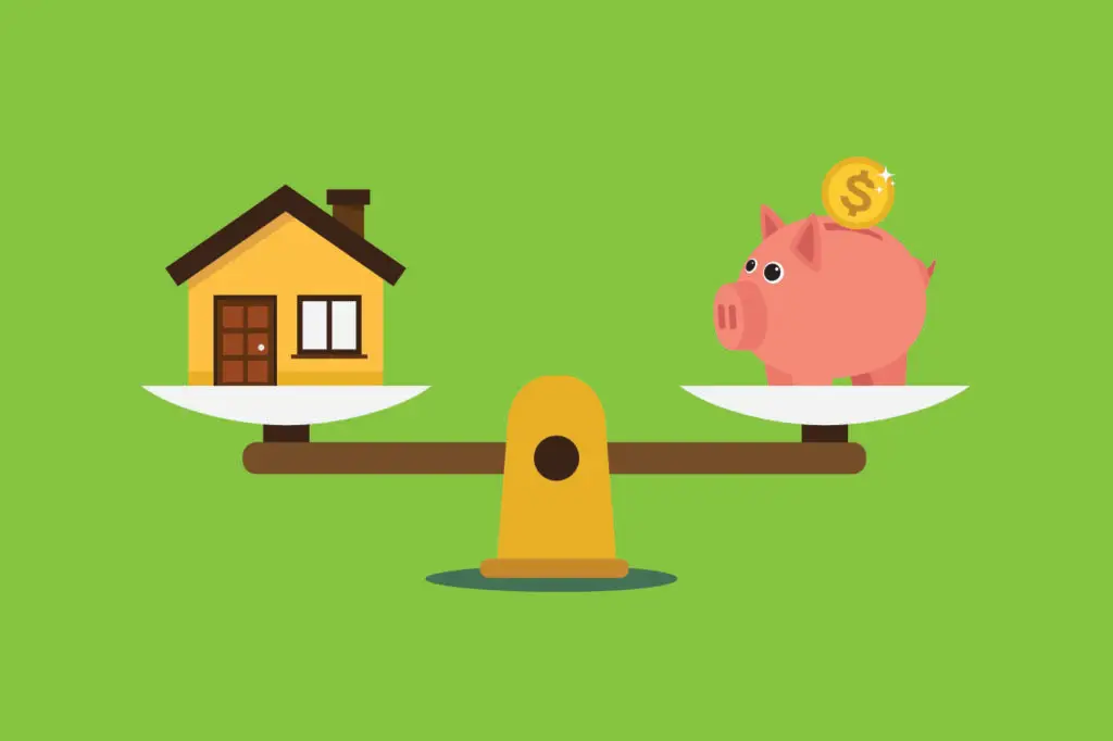 A house and piggy bank balanced on a seesaw symbolizing financial decisions.